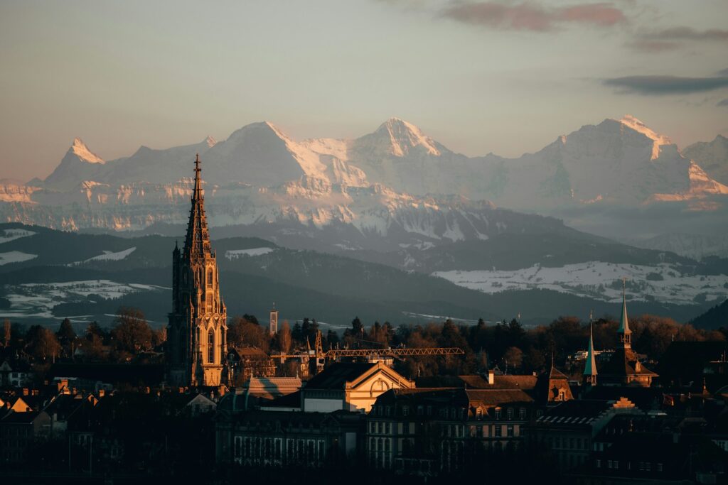 a view of a city with mountains in the background